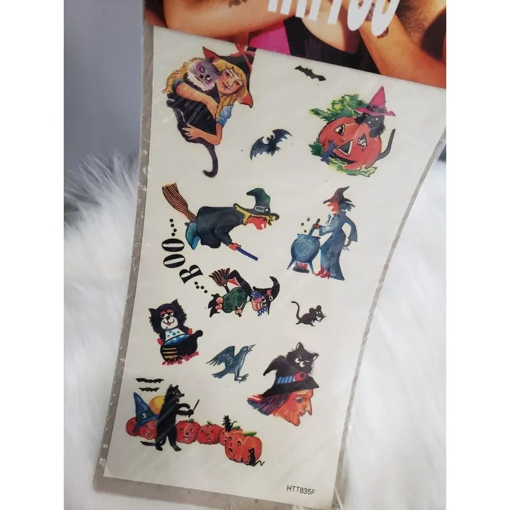 NEW‎ Vintage Halloween Temporary Tattoos Witch Black Cat RETRO party gift decor